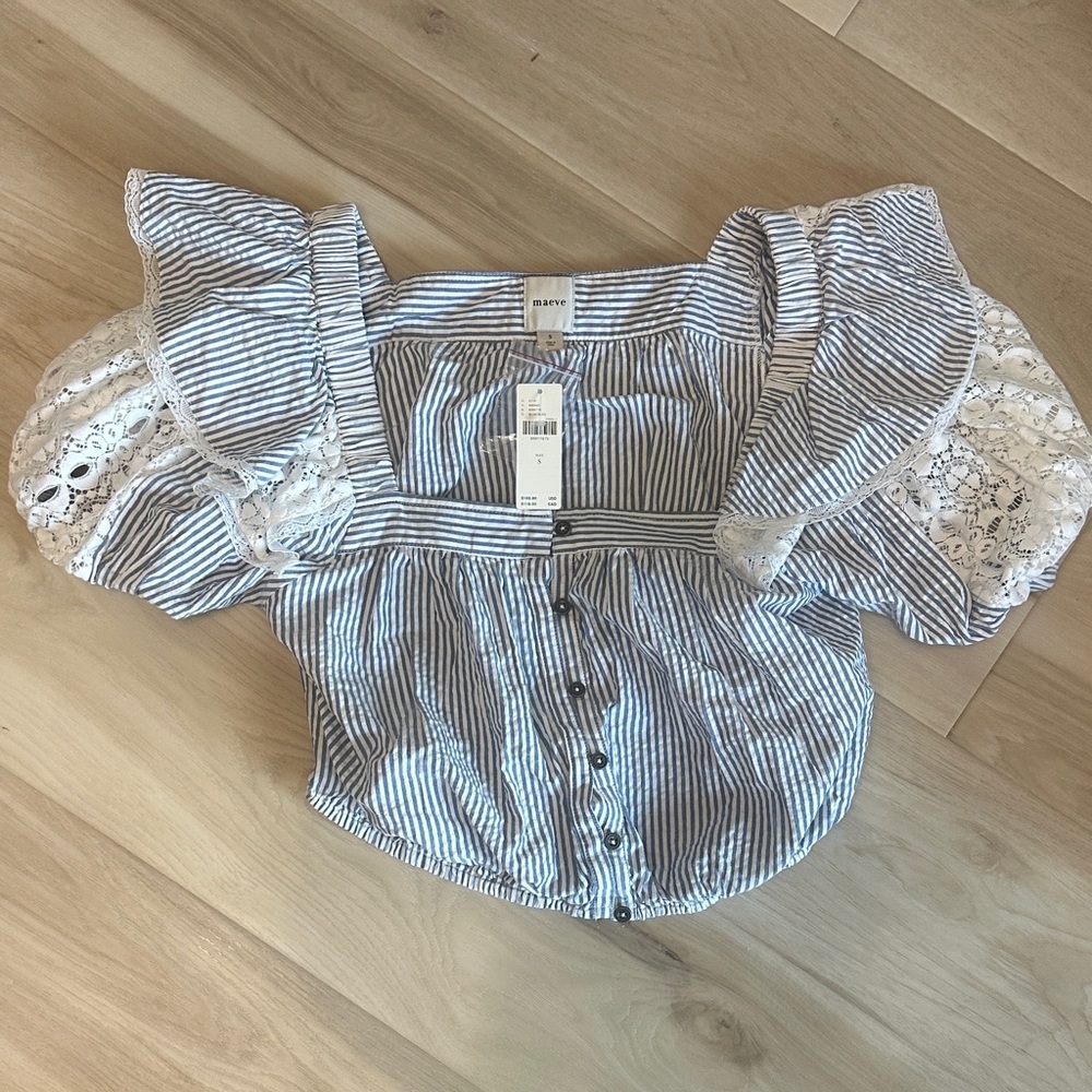 Maeve Navy and White Striped Crop Top with Lace Sleeves